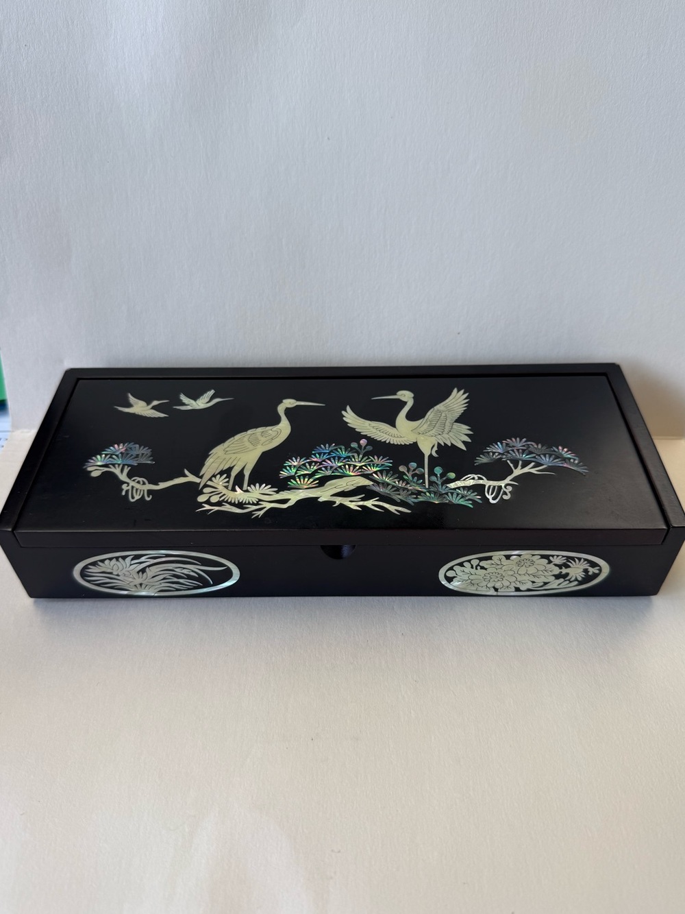 Vintage Korean Lacquerware Trinket Box with Mother-of-Pearl Cranes Inlay.